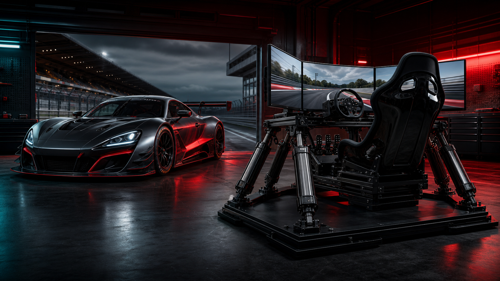 Vettura da competizione GT accanto a un simulatore dinamico 6DOF