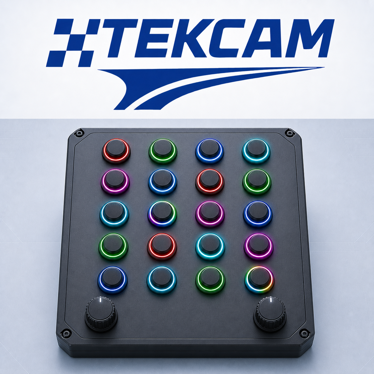 Logo Tekcam e illustrazione della ButtonBox con pulsanti RGB e comandi rotativi