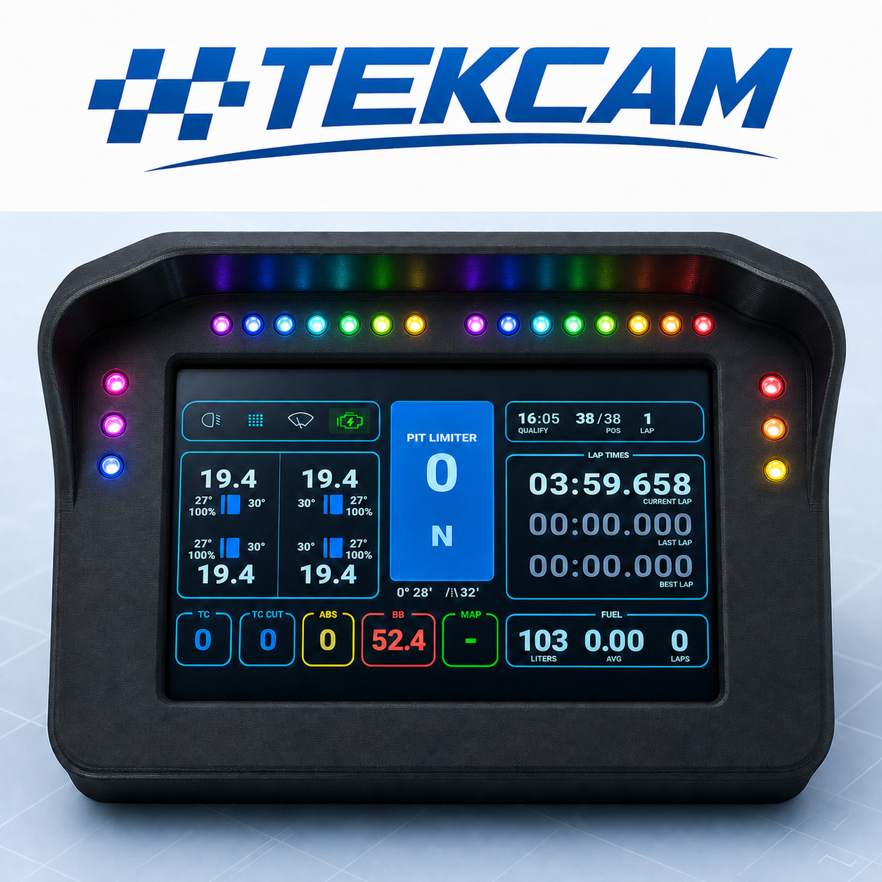 Logo Tekcam e illustrazione della dashboard con indicazioni di gara e LED colorati