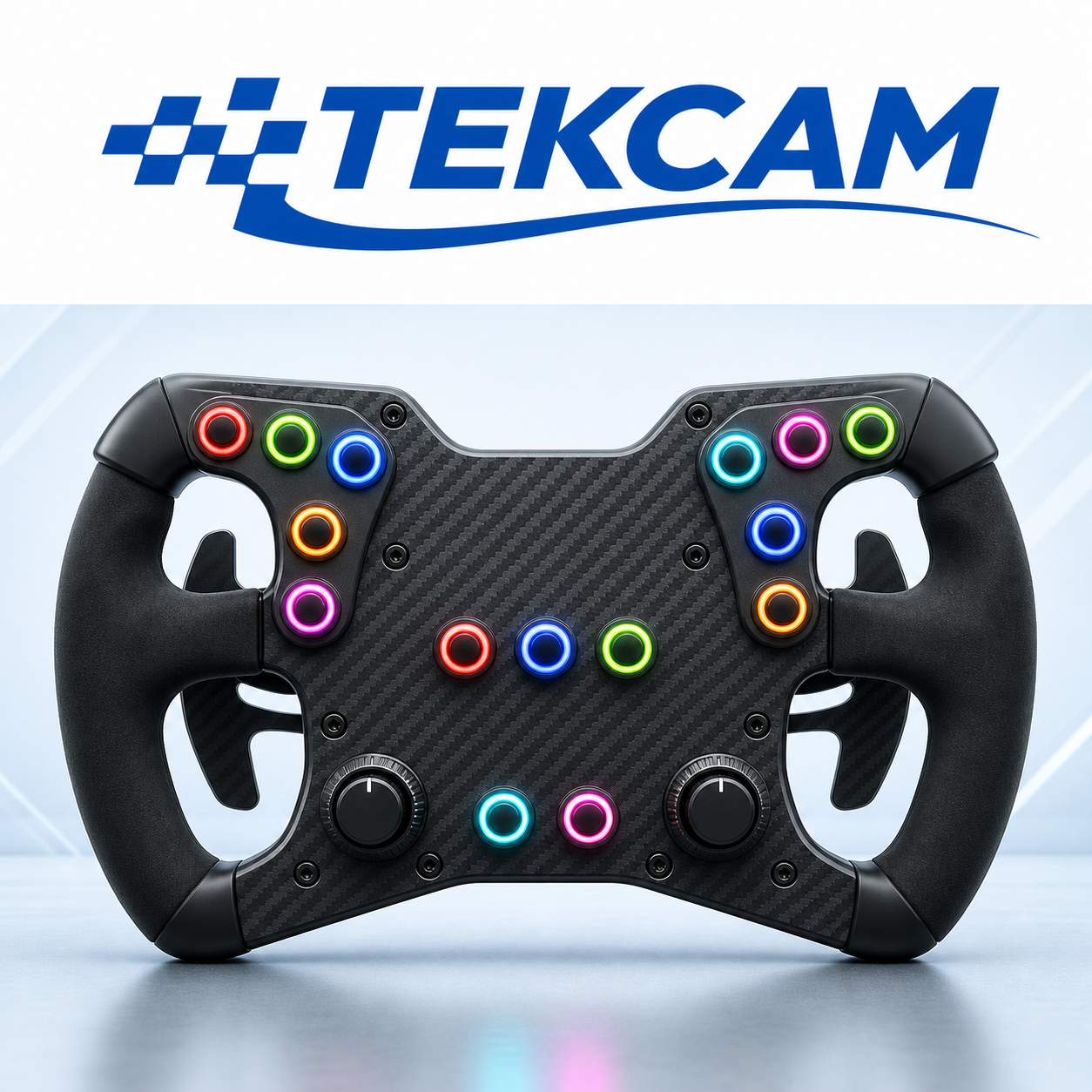 Logo Tekcam e illustrazione del volante WheelButton con comandi illuminati